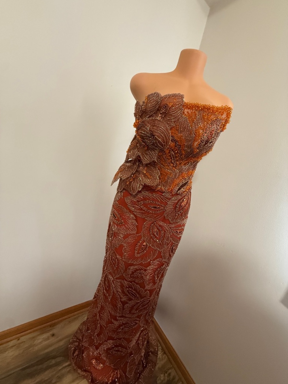 Strapless Beaded Leaf Lace Evening Dress in Rust